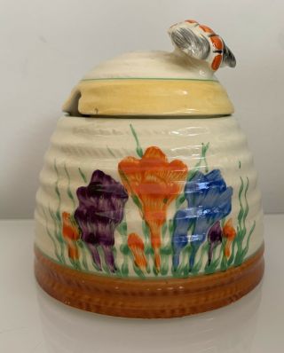 Vintage Clarice Cliff Crocus Pattern Honeypot Complete With Lid - Circa 1930 