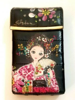 Vintage Black Eel Skin Cigarette Case Hand Painted Korea Asian Girl Fan Flowers