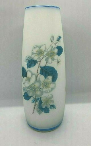 Vintage Italian Frosted Satin Glass Blue & White Floral Vase Made In Italy 8.  5 "