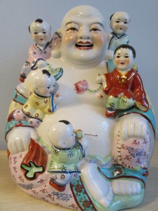 Large 11.  5 " Vintage Chinese Porcelain Laughing Buddha Figure With 5 Children