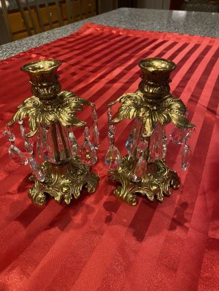 Vintage 1973 L&l Wmc Brass And Crystal Candle Holders Set 9320 Stunning