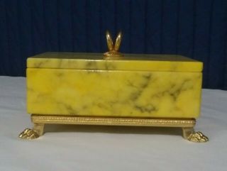 Vintage Yellow Alabaster Jewelry Box Hand Carved Made In Italy