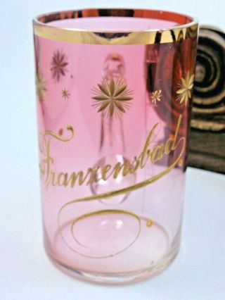 Antique Bohemian Souvenir Franzesnbad / Cranberry Enamel Cut Star Art Glass Mug