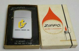 Vintage 1972 Slim Zippo Lighter W Box Advertising Louis A Grant Inc Machinery