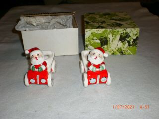 2 Vtg.  1958 Holt Howard Japan Santa Claus Car Candle Holders Christmas
