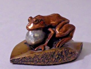 Unusual Bronze Clad Paperweight Of A Frog On A Lily Pad Holding A Pearl