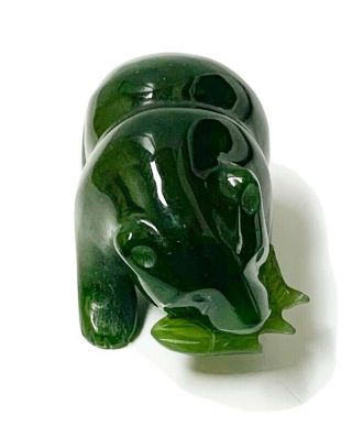 Green Stone Jade Polar Bear With Fish In Mouth Art Figurine Sculpture