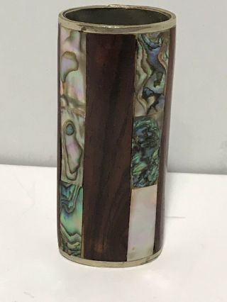 Vintage Mother of Pearl Abalone Sea Shell & Wood Cigarette Lighter Case Holder 2