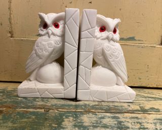 Vintage Hand Carved Alabaster Marble Owl Bookends Made In Italy