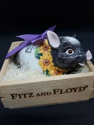 Fitz & Floyd Country Sunflowers Ceramic Hand Painted Pomander Pig In Crate 1994