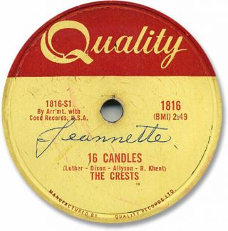Rare 1959 The Crests Doo Wop 78 Rpm Record.  16 Sixteen Candles