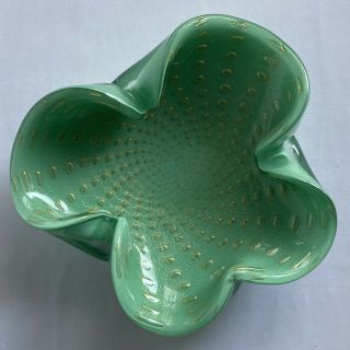 Vtg Mcm Barbini? Green Murano Art Glass Bowl Gold Fleck Air Bubbles Atomic