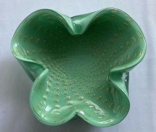 Vtg MCM Barbini? Green Murano Art Glass Bowl Gold Fleck Air Bubbles Atomic 2