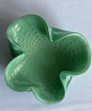 Vtg MCM Barbini? Green Murano Art Glass Bowl Gold Fleck Air Bubbles Atomic 3