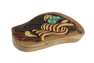 Hand Carved Wood 3d American Eagle And Flag Puzzle Trinket Box