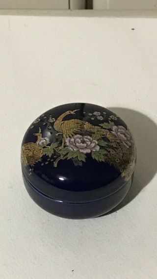 Vintage Hand Painted Ceramic Cobalt Blue Lidded Trinket Pot,  Peacock & Blossom