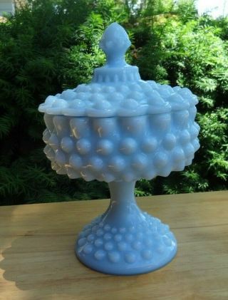 Vintage Fenton Pastel/light Blue Hobnail Milk Glass Covered Compote Candy Dish