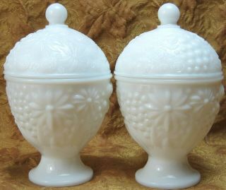 2 White Milk Glass Candy Bowls Dish W/ Lid Vanity Jar Embossed Flower Design