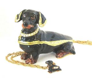 Black Dachshund Dog Jeweled Trinket Box W Matching Pendant Necklace
