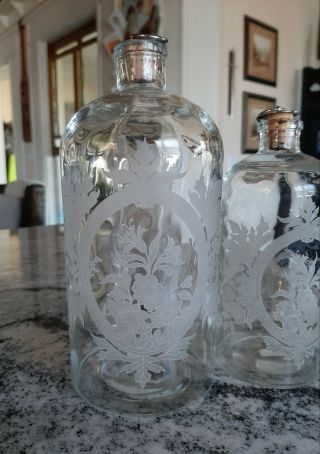 Vtg Etched Floral Glass Bottle Silver Capped Cork Apothecary Medicine Portugal 3