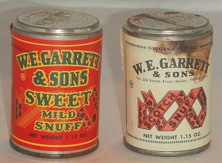 2 Vintage W.  E Garrett & Sons Sweet Mild Snuff Tin Can Paper Label 1 - 5/8 Oz Usa