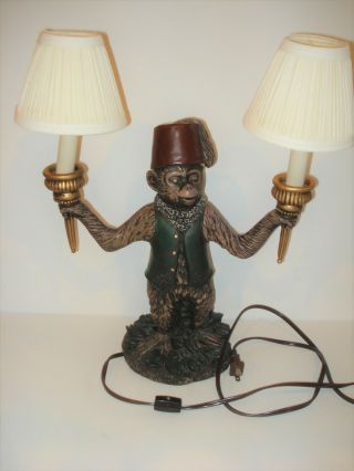 Vintage Monkey Bellhop 14  X 13 " Double Light Table Lamps With Fez Hat