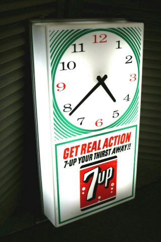 Vintage 7 - Up Soda Pop Advertising Lighted Clock Sign " 7 - Up Your Thirst Away "