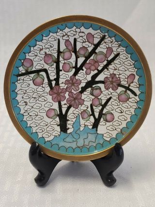 Turquoise/pink 3.  25 " Cloisonne On Brass Cherry Apple Blossom Floral Plate