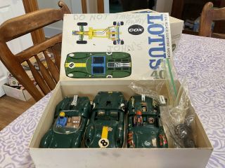 3 Vintage Cox Slot Cars Lotus 40 1:24 Scale With A Box And Parts Green Cars