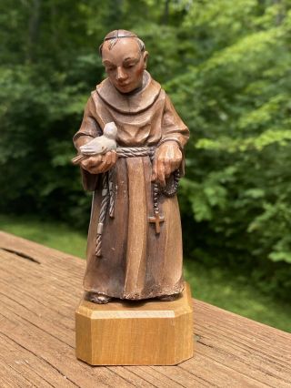 Rare Vintage Anri Carved Wood Monk With Dove In Hand & Rosary Toriart Italy