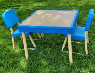 Vintage Fisher Price Table & Chairs Blue/wood Grain 1980 