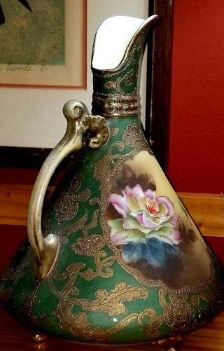 Vintage Signed Porcelain Hand - Painted Floral Green Gold Footed Vase / Pitcher