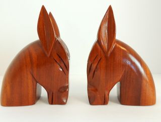 Vtg Mid Century Hand Carved Bookends Wood Statues Donkey Horse Mule Democratic