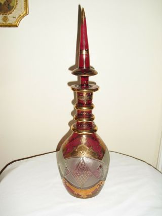 Persian Decanter With Stopper Cut Ruby Red & Clear Hand Blown Glass Gold Vintage