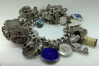 Vintage Solid Silver Charm Bracelet W/ 35 Charms 156g Sterling Chain