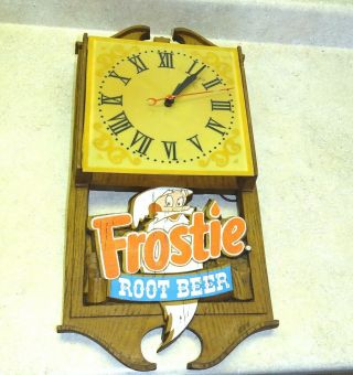 Vintage Frostie Root Beer Illuminated Wooden Mounted Clock.