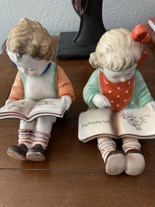 Vintage Porcelain Boy & Girl Reading Books Figurines - Made In Japan Gb - 4