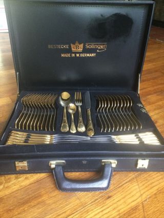 Vintage Sbs Bestecke Solingen Gold Plated Flatware Set 74 Pc 23/24k W/ Case Keys