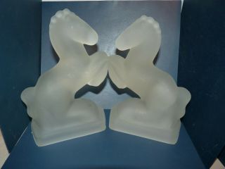 Frosted Glass Horses Rearing Art Bookends Unmarked L.  E.  Smith ? Set Of 2 Mcm