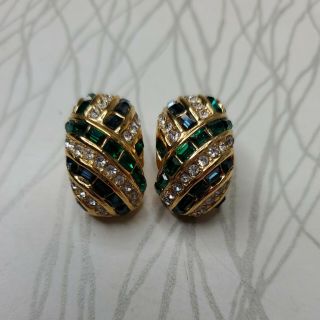 Vintage Christian Dior Clear,  Green And Blue Rhinestones Clip Earrings Gold Tone