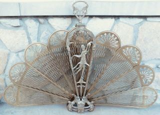 Vintage Ornate Brass Peacock Folding Fan Fireplace Screen Gargoyle Art Deco