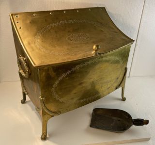 Raised Antique Brass Metal Box - Wood Kindling Coal Firewood Storage Chest 19x18