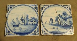 2 Antique Late 18th To Early 19th C Blue & White Delft Tiles 5 "