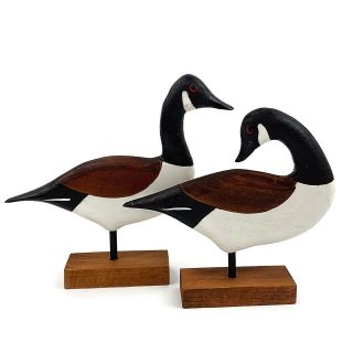 Vtg Handmade Wood Carved Set Of 2 Canadian Geese Goose Artist Signed Primitive