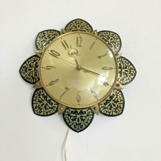 Vintage/retro Metamec Black & Gold Flower Style Electric Plug In Wall Clock Vgc