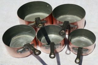 Vintage French Copper Saucepan Pan Set 5 Tin Lined Iron Handles 1.  5mm 11.  7lbs