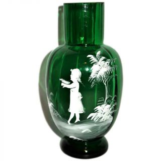 Antique Art Glass Mary Gregory Emerald Green Vase Hand Painted Girl At Lake 6.  5 "