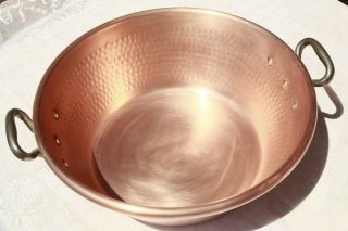 Vintage French Copper Jam Pan Hammered Rolled Rim Cast Iron Handles 7.  5lbs 15.  9 "