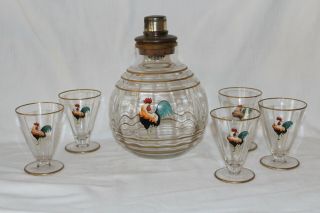 Unusual Vintage Painted & Ribbed Bulbous Form Cocktail Shaker W Matching Glasses