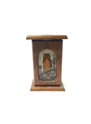 Vintage Owl On Tree Branch Wooden Box Stained Glass Tabletop Candle Holder.